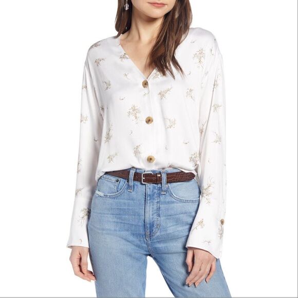 Something Navy Floral Exaggerated Cuff Button Front Shirt Ivory Tan Large - Picture 1 of 15